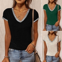 Fashion Contrast Color Short Sleeve V-neck SLim Fit T-shirt