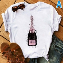 Casual Style Short Sleeve Round Neck Wine Glass Pattern T-shirt
