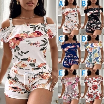 Sexy Off-shoulder Short Sleeve Printed Sling Top + Shorts Two-piece Set