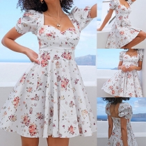 Sexy Backless Square Collar Puff Sleeve High Waist Printed Dress