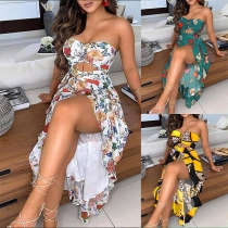 Sexy Strapless Hollow Out High Waist Slit Hem Colorful Printed Dress