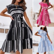 Fashion Short Sleeve Round Neck Lace-up High Waist Printed Dress