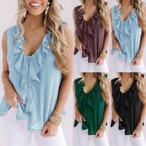 Sweet Style Sleeveless V-neck Solid Color Ruffle Loose Top