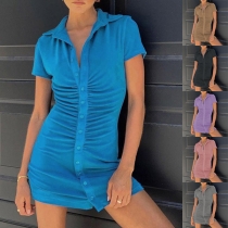 Elegant Solid Color Short Sleeve POLO Collar Slim Fit Shirt Dress