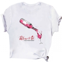 Casual Style Short Sleeve Round Neck Wine Bottle Printed Loose T-shirt