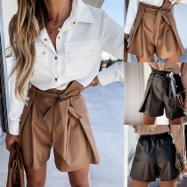 Fashion Solid Color Lace-up Bow-knot High Waist PU Leather Wide-leg Shorts