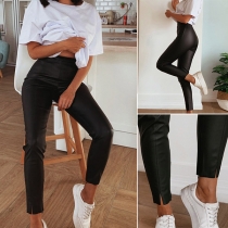 Fashion Solid Color High Waist Slit Hem Slim Fit PU Leather Pants (The size runs small)