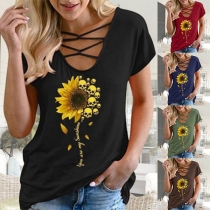 Casual Style Crossover Round Neck Short Sleeve Sunflower Printed T-shirt