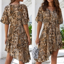 Fashion Short Sleeve V-neck High Waist Irregular Hem Leopard Printed Dress