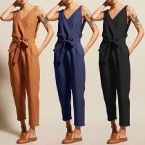Fashion Solid Color Sleeveless V-neck High Waist Lace-up Jumpsuit