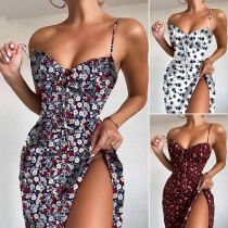 Sexy Backless V-neck Slit Hem Printed Sling Dress