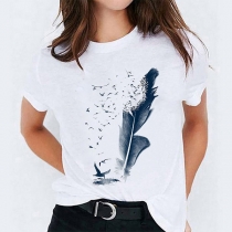 Casual Style Short Sleeve Round Neck Feather Printed Loose T-shirt