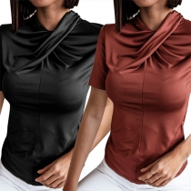 Chic Style Short Sleeve Crossover Twisted Collar Solid Color T-shirt