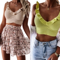 Sexy Backless V-neck Solid Color Ruffle Sling Crop Top
