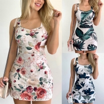 Sexy Backless Hollow Out HIgh Waist Slim Fit Printed Sling Dress