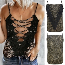 Sexy Crossover Hollow Out Deep V-neck Printed Sling Top