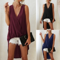 Sexy V-neck Sleeveless High-low Hem Solid Color Tank Top