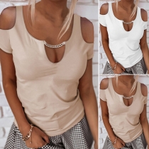 Sexy Off-shoulder Short Sleeve Chain U-neck Solid Color Slim Fit T-shirt