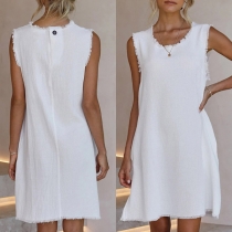 Simple Style Sleeveless Round Neck Solid Color Tassel A-line Dress