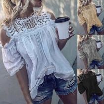 Sexy Off-shoulder Short Sleeve Round Neck Lace Spliced Solid Color Top