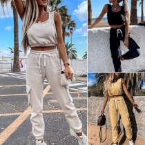 Fashion Solid Color Sleeveless Round Neck Crop Top + Pants Two-piece Set