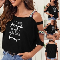 Sexy Off-shoulder Letters Printed Colorful Sling T-shirt
