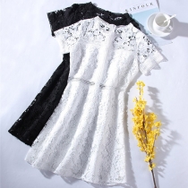 Sweet Style Short Sleeve Round Neck High Waist Solid Color Lace Dress