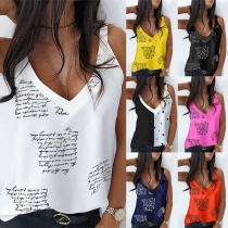 Sexy Backless V-neck Printed Sling Loose Top