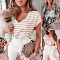 Casual Style Short Sleeve V-neck Stripe T-shirt