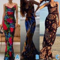 Sexy Backless Cowl Neck High Waist Sling Printed Maxi Dress