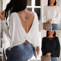Sexy Pearl Backless Dolman Sleeve Solid Color loose T-shirt