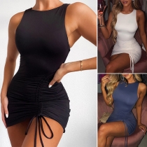 Sexy Solid Color Sleeveless Round Neck Drawstring Hem Slim Fit Mini Dress