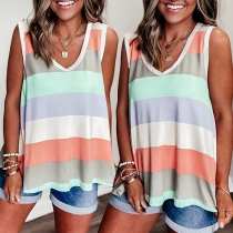 Casual Style Sleeveless Round Neck Contrast Color Stripe Top T-shirt