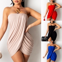 Sexy Strapless Irregular Hem Solid Color Mini Dress