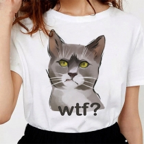 Cute Cartoon Cat Printed Short Sleeve Round Neck Casual T-shirt