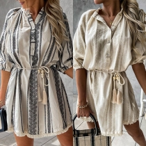 Bohemian Style Half Sleeve Stand Collar Tassel Hem Printed Shirt Dress