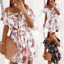 Sexy Off-shoulder Short Sleeve Ruffle Printed Sling Dress
