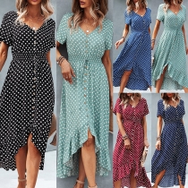 Sexy V-neck Short Sleeve High-low Hem Dots Printed Dress