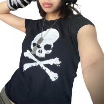 Fashion Gauze Spliced Puff Sleeve Round Neck Skull Head Pattern T-shirt