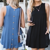 Simple Style Sleeveless Round Neck Back-button Solid Color Loose Dress
