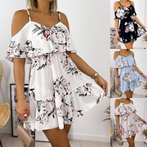 Sexy Off-shoulder Short Sleeve V-neck High Waist Ruffle Hem Printed Sling Dress