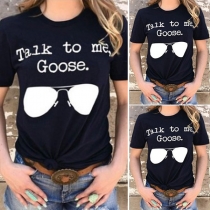 Casual Style Short Sleeve Round Neck Letter Sunglasses Printed Loose T-shirt