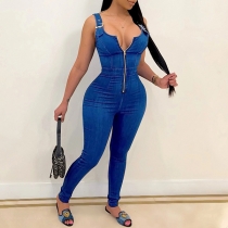 Sexy Backless Square Collar High Waist Slim Fit SLing Denim Jumpsuit
