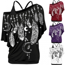 Sexy Off-shoulder Dolman Sleeve Feather Printed Sling T-shirt