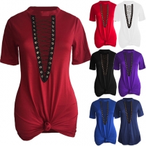 Fashion Solid Color Sleeveless Lace-up V-neck Top T-shirt
