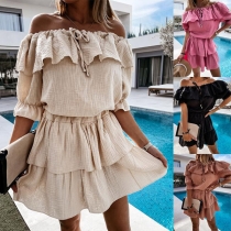 Sexy Ruffle Boat Neck Short Sleeve Solid Color Dress