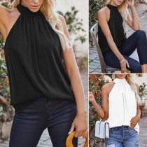 Sexy Off-shoulder Stand Collar Solid Color Halter Top