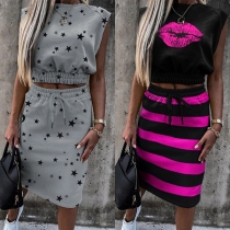 Fashion Sleeveless Round Neck Crop Top + Skirt Two-piece Set