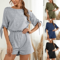 Fashion Solid Color Knotted Short Sleeve Round Neck Romper