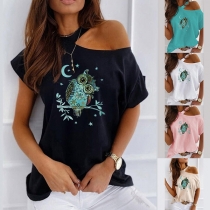 Sexy Off-shoulder Short Sleeve Owl Printed T-shirt